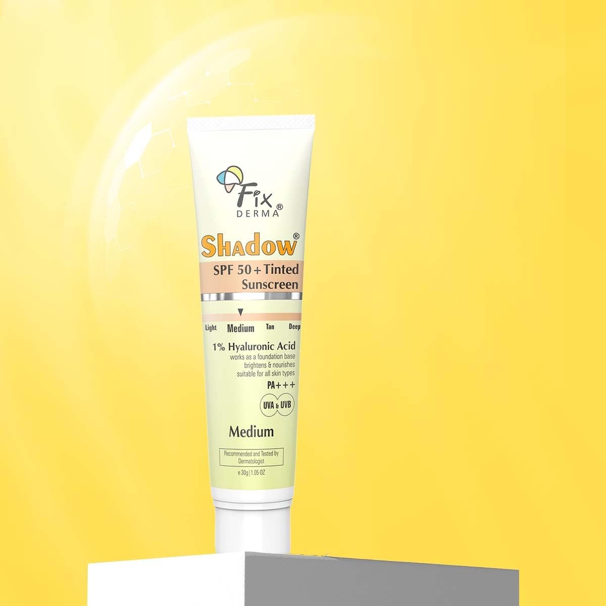 Fixderma Shadow Tinted Sunscreen Medium SPF 50 PA+++ | 1% Hyaluronic Acid & Vitamin E | Brightens & Nourishes the Skin | UVA & UVB Protection | Lightweight | No White Cast | - 30gm thumbnail