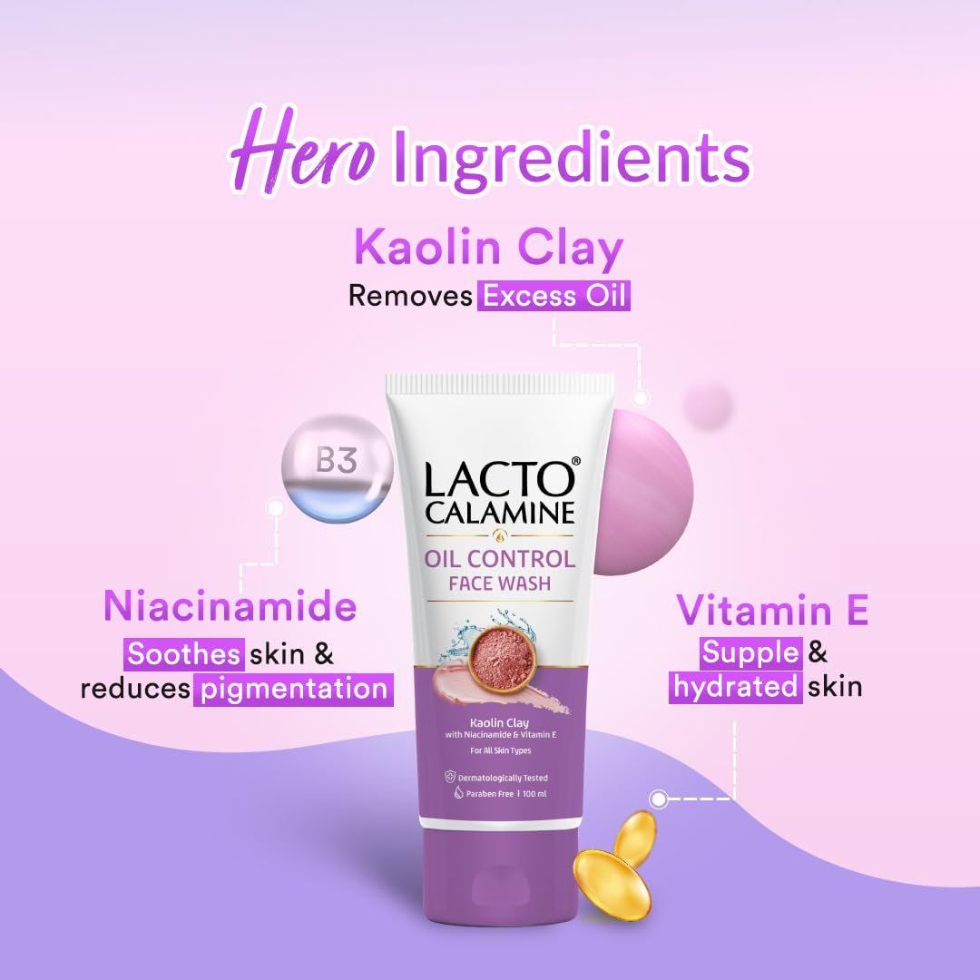Lacto Calamine Face Wash For Oily Skin |100ml Kaolin Clay, Niacinamide & Vitamin E | Facewash Reduces Excess Oil, Controls Pimples, Blackheads & Whiteheads |Face wash For Women & Men thumbnail