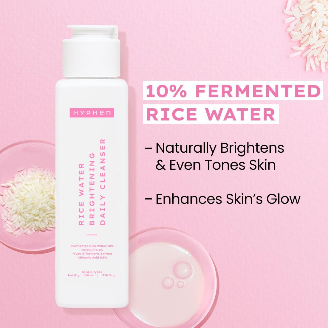 Hyphen 10% Rice Water Brightening Face Wash | Daily Face Cleanser for Women and Men | Brightens Skin | Removes Dirt & Impurities | Suitable for All Skin Types - 100 ml thumbnail