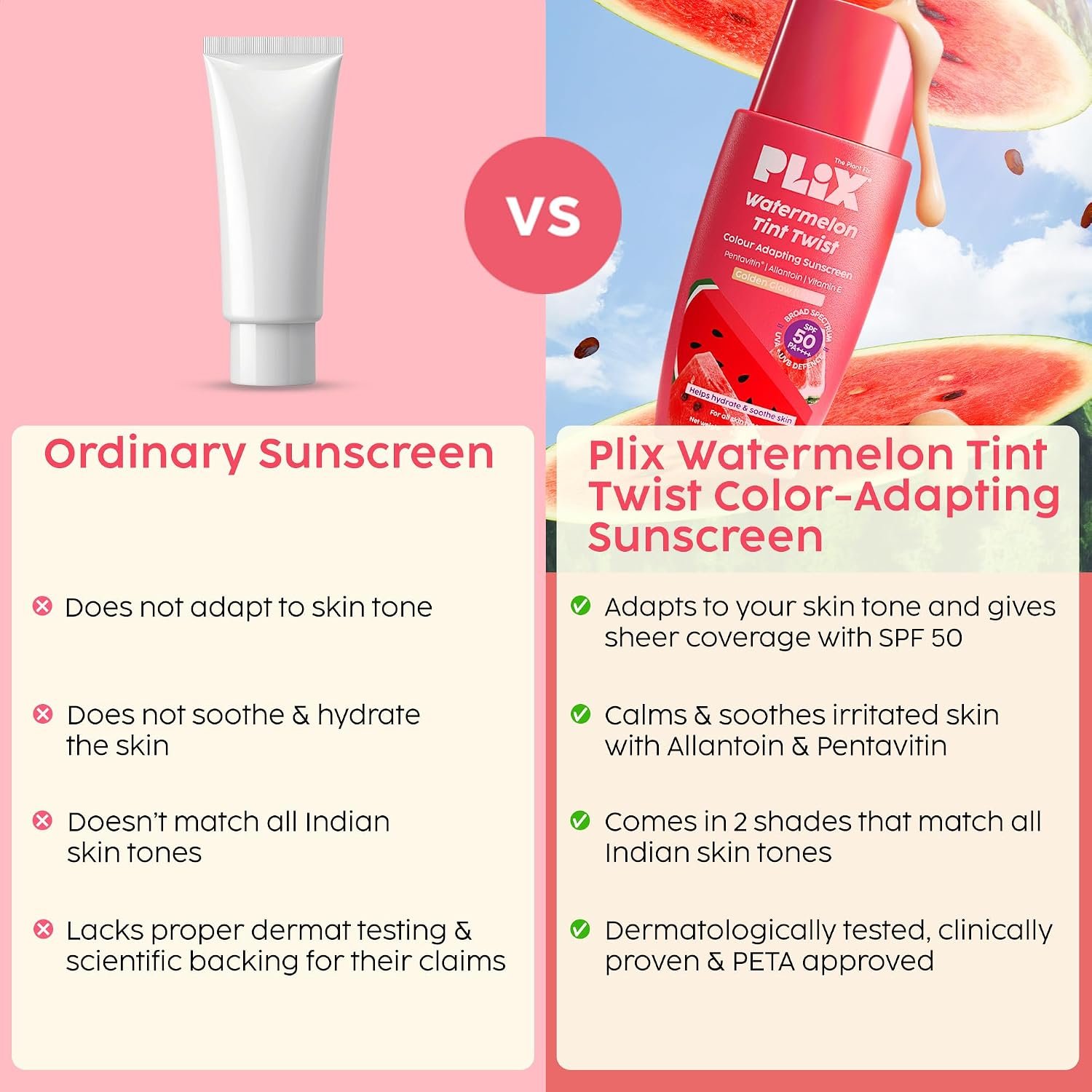 PLIX THE PLANT FIX Watermelon Tint Twist Colour Adapting Sunscreen SPF 50++++ With New Age UV-Filters | In Vivo Tested | Broad Spectrum Protection | Lightweight, Non-sticky | thumbnail