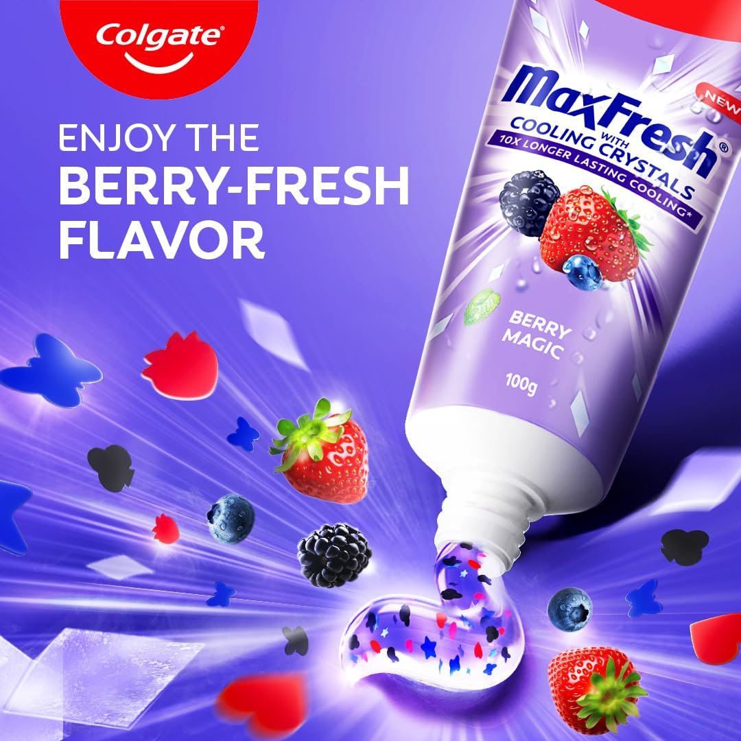 Colgate MaxFresh Berry Magic Fluoride Toothpaste, Berry Flavoured Gel Toothpaste with Ultrafreeze Technology for Intense Freshness, 10x Longer-lasting Cooling (100 gm) thumbnail