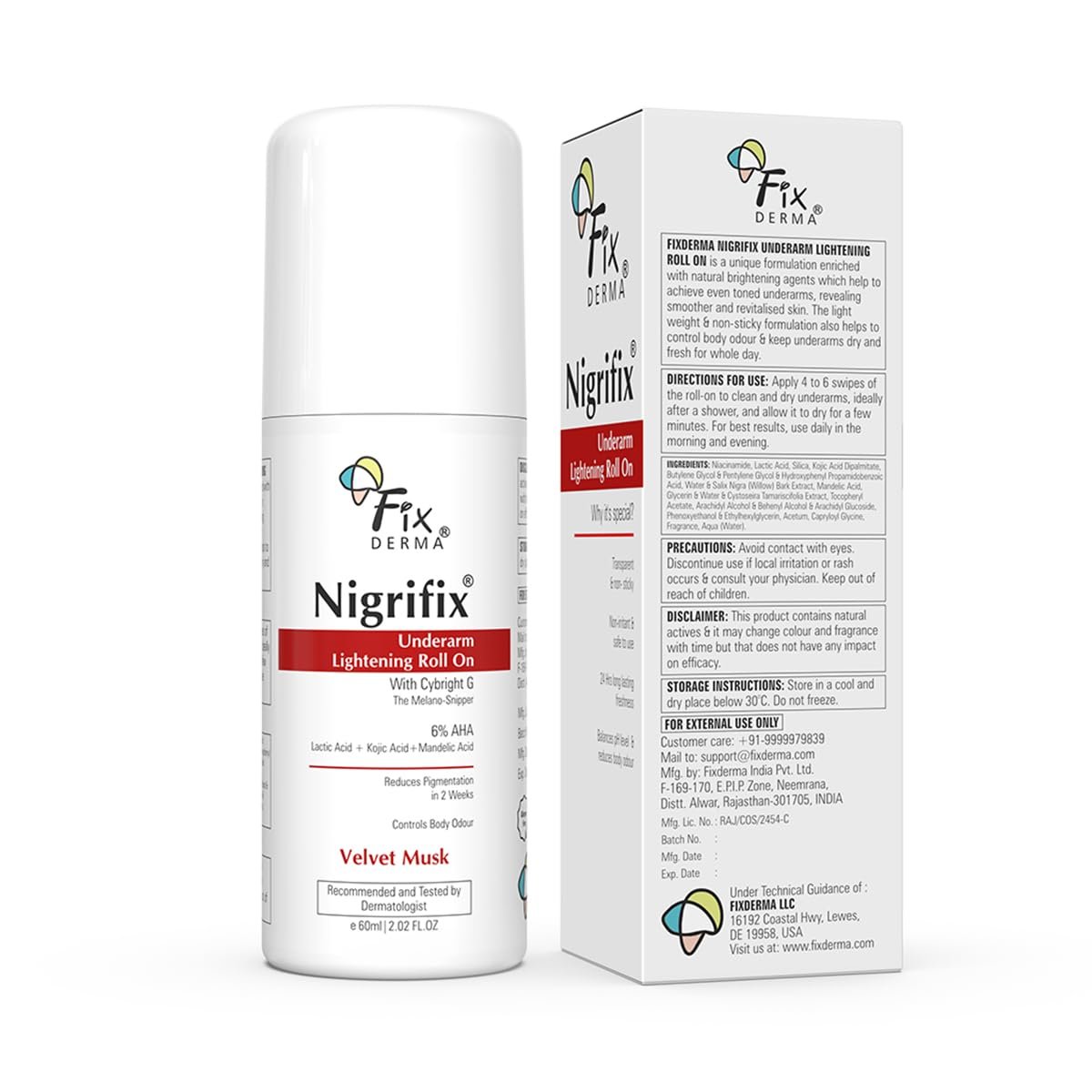 Fixderma Nigrifix Underarm Velvet Musk Roll on With 6% AHA, Lactic Acid & 1% Mandelic Acid & Kojic Acid | Brightens Skin & Exfoliates Underarm | For Sensitive Skin - 60ml thumbnail