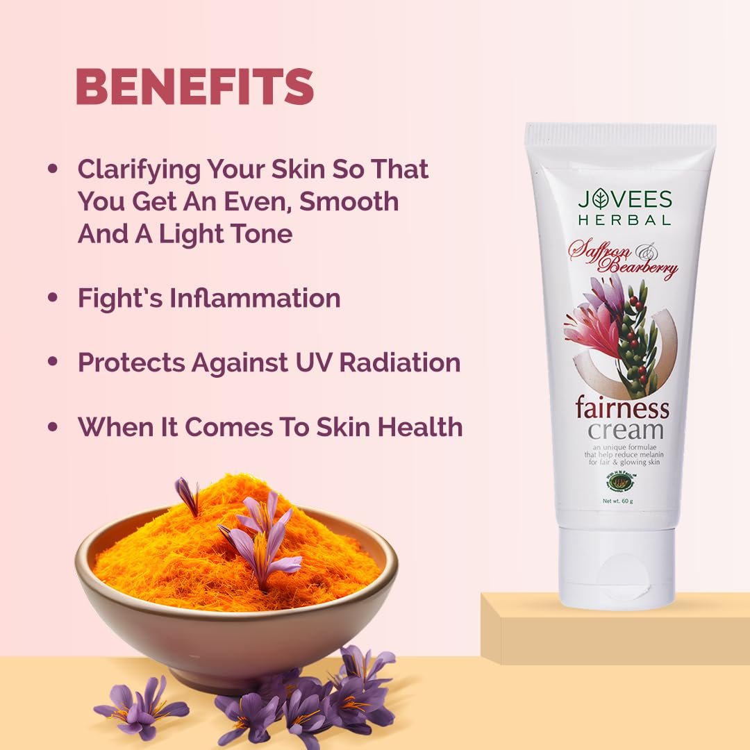 Jovees Herbal Saffron & Bearberry Fairness Face Cream | For Women/Men | Bright, Even Toned and Glowing Skin | UVA/UVB Protection | Paraben and Alcohol Free | 60GM thumbnail