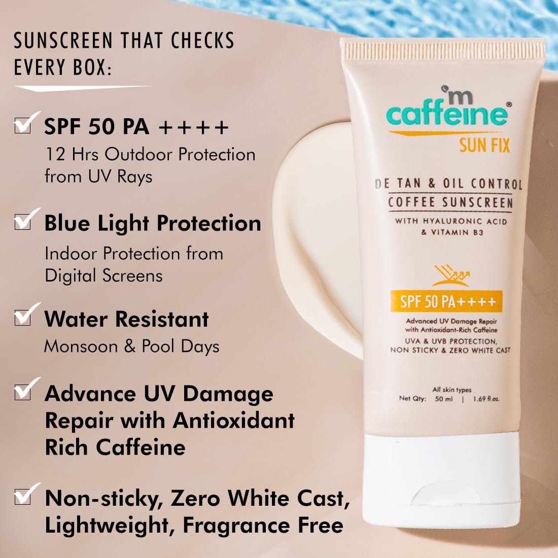 mCaffeine Matte Sunscreen SPF 50 for Men & Women | Lightweight, Water Resistant, Zero White Cast | Sun Protect, Prevents Tan & Repairs UV Damage | All Skin Type - 50ml thumbnail