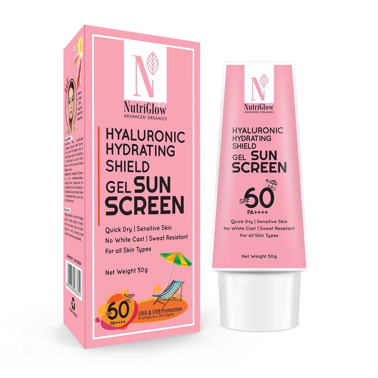 NutriGlow Advanced Organics Hyaluronic Hydrating Shield Gel Sunscreen with SPF60, PA++++ 50g