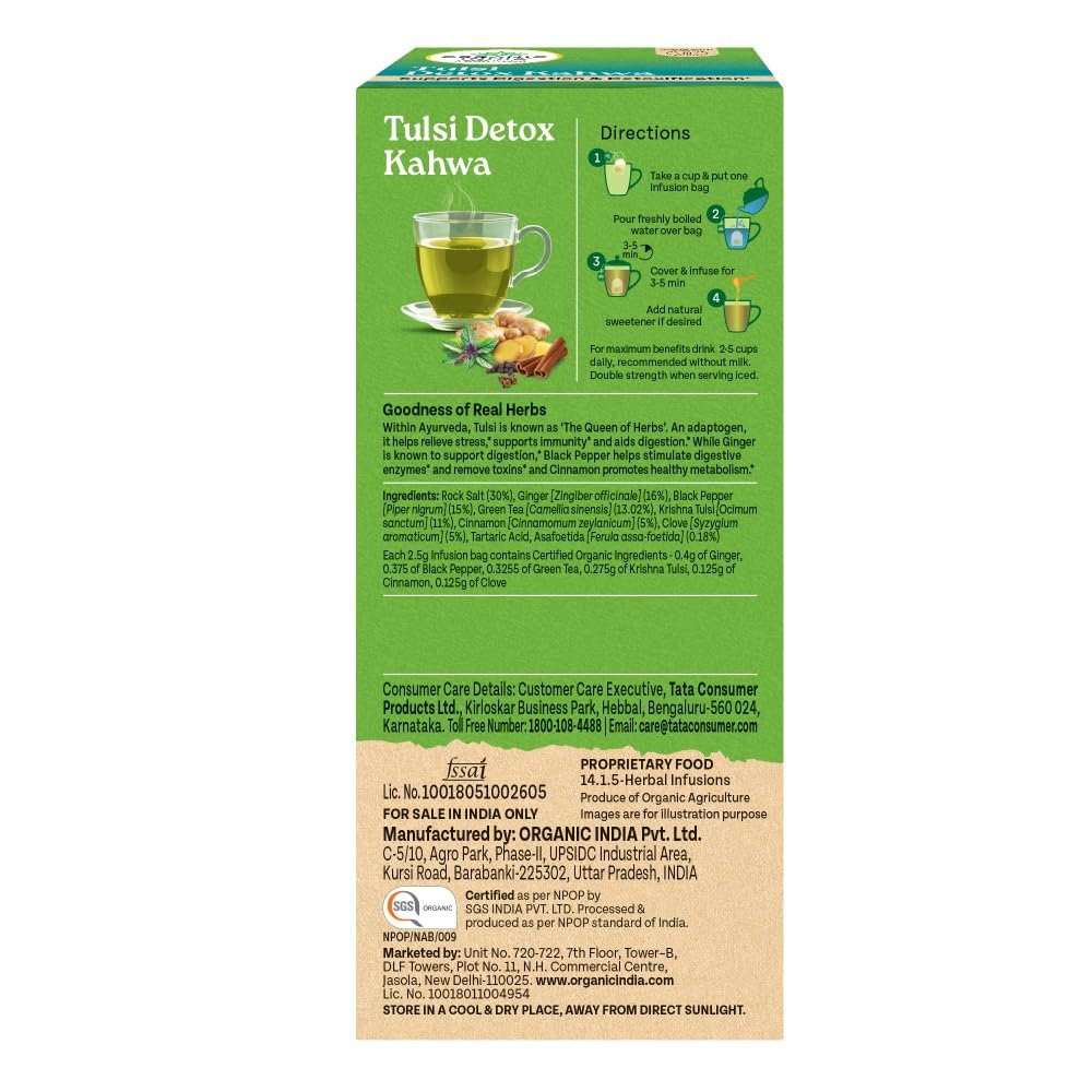 TATA Product - Organic India Tulsi Detox Kahwa - 25 Tea Bags, Helps Improve Digestion & Detoxification, Rich in Antioxidants, Made with Tulsi, Ginger, Clove, and Green Tea thumbnail