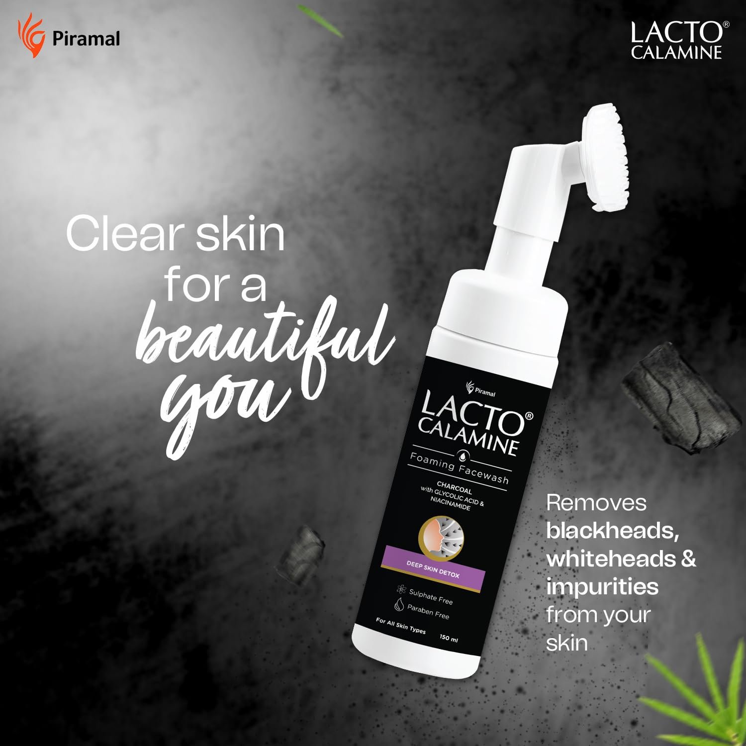 Lacto Calamine Charcoal Foaming Face wash| Deep skin Detox| Cleanse skin impurities| With Built-in foaming Brush|  150 ml thumbnail