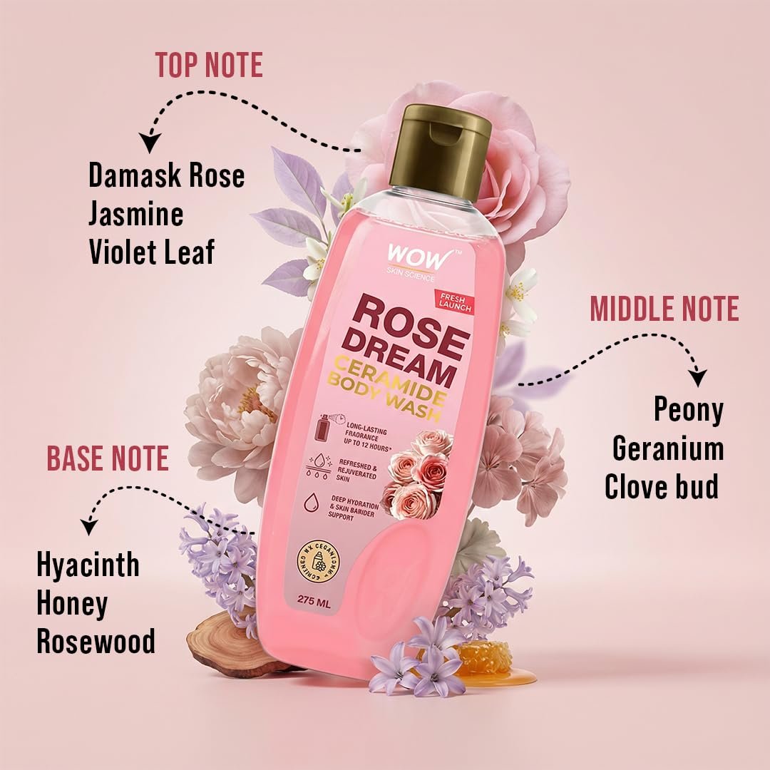 WOW Skin Science Rose Dream� Ceramide Body Wash | Ceramide for Deep Hydration & Skin Barrier Support | Himalayan Rose for a Petal-Soft Feel | Up To 12-Hour Long-Lasting Freshness | 275ml thumbnail