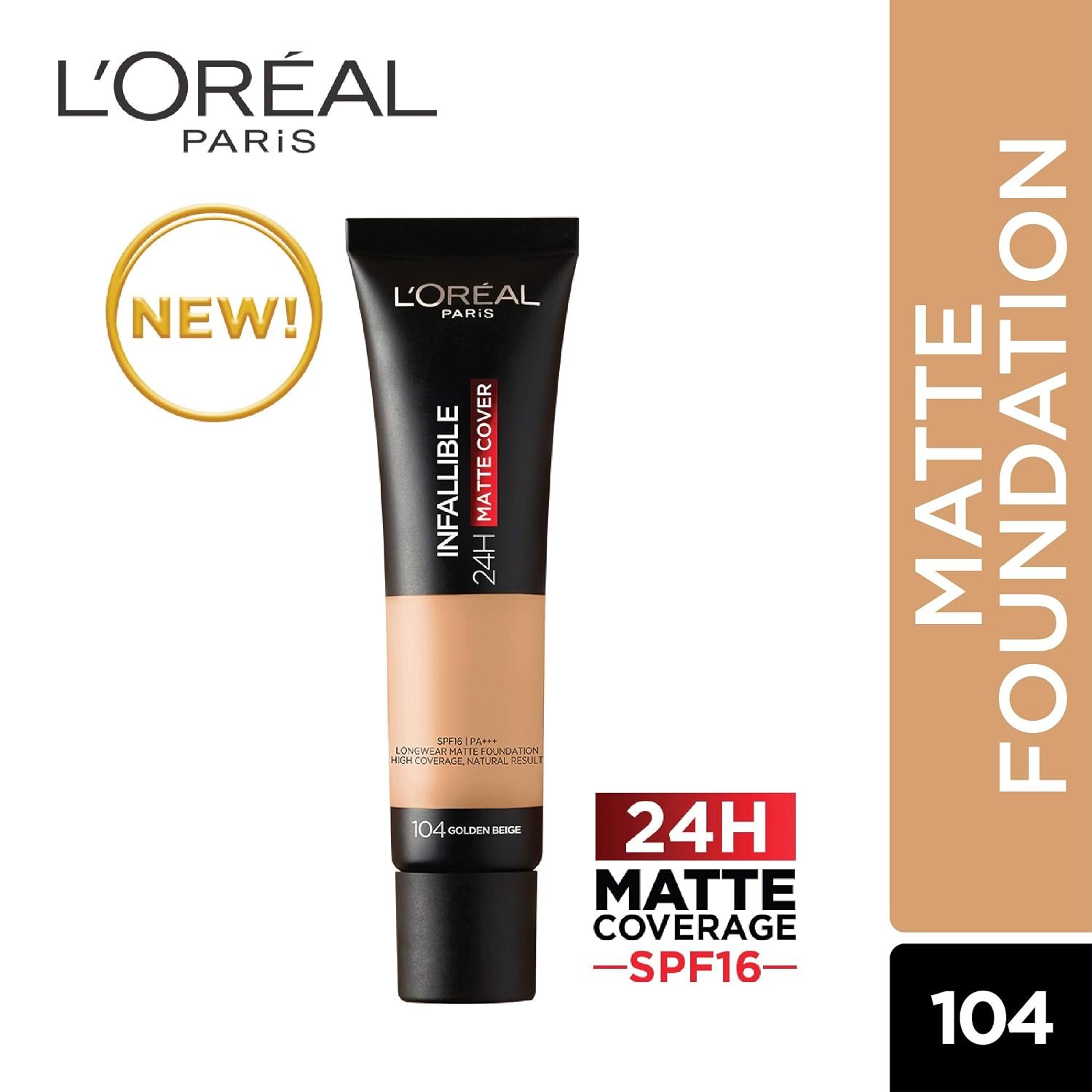 Loreal Paris Infallible 24H Matte Cover Foundation, 104 Golden Beige, 35ml thumbnail