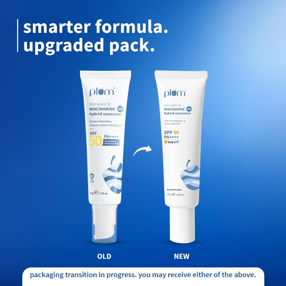 Plum SPF 50 PA++++ Sunscreen with 2% Niacinamide & Rice Water | In-Vivo Tested | Lightweight, No White Cast | Brightens Skin, Reduces Tan | Oily & Dry Skin | 50g thumbnail