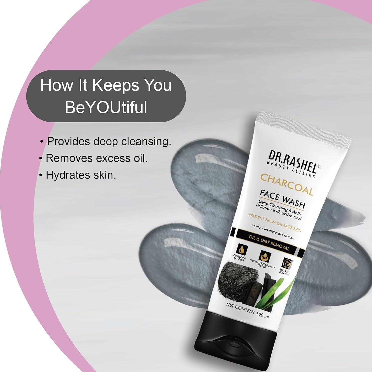 DR.RASHEL Charcoal Face Wash Deep Cleansing & Anti-Polltion with Active Cool with No Parabens, SLS, Silicones & Colour (100 ml) thumbnail
