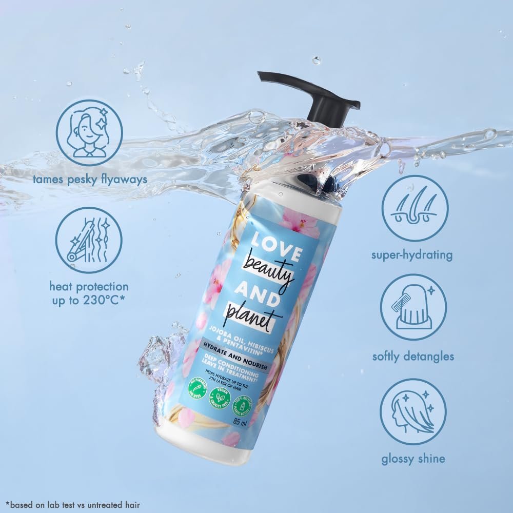 Love Beauty and Planet Jojoba Oil, Hibiscus & Pentavitin Hydrate & Nourish Deep Conditioning Leave in Treatment, 85ml thumbnail