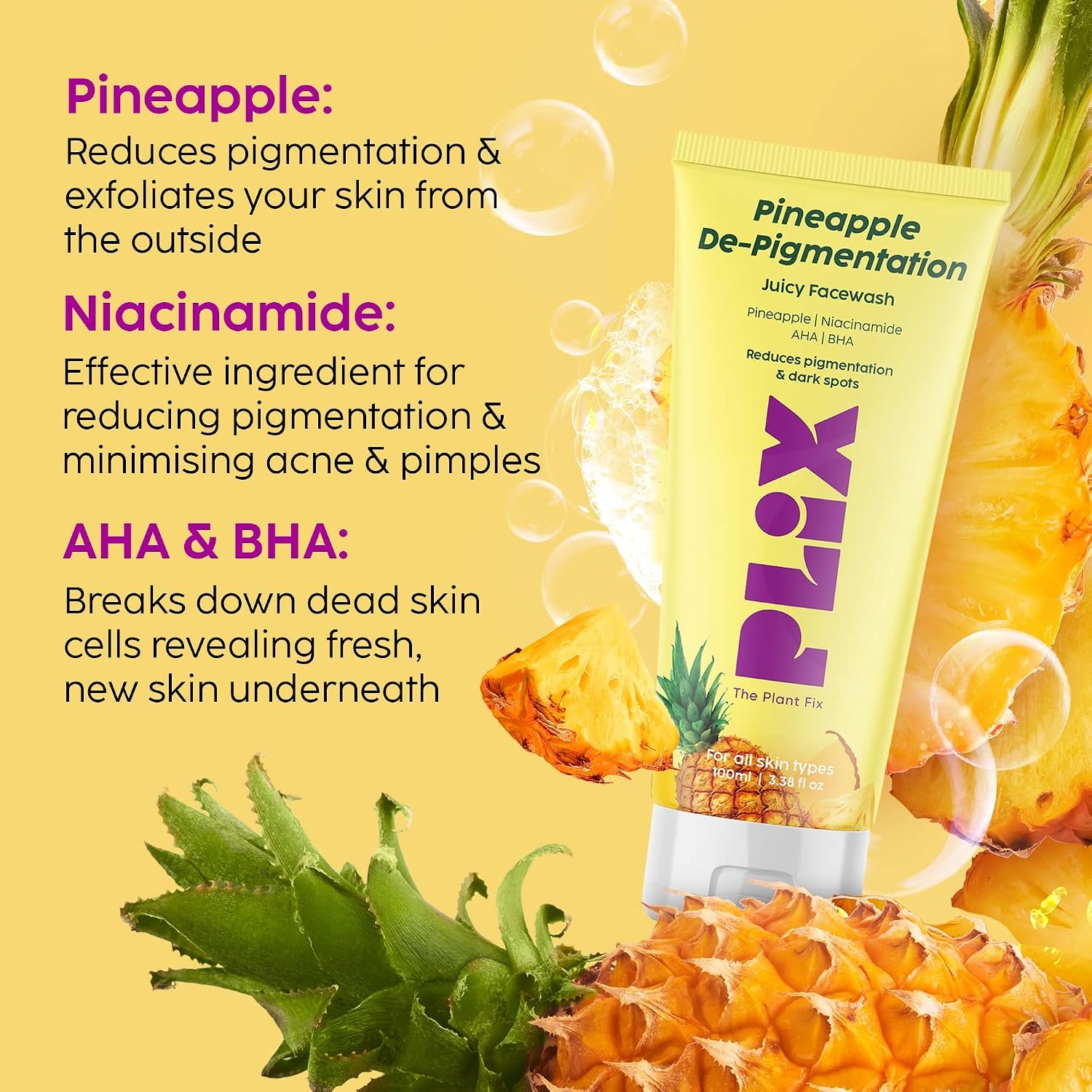 The Plant Fix Plix 5% Pineapple Foaming Facewash For Depigmentation,100ml | Cleanser For Skin Brightening & Even Toned Complexion | Free Of Sulphates, Paraben & Silicones thumbnail
