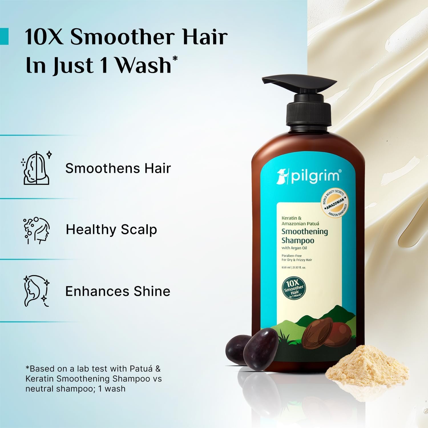 Pilgrim Patua & Keratin Hair Smoothening Shampoo for Frizzy Hair - 650ml 72H Frizz Control with Keratin, Adds Shine, Smoothens Frizz with Amazonian Patua, Softens Dry Hair, Improves Manageab thumbnail