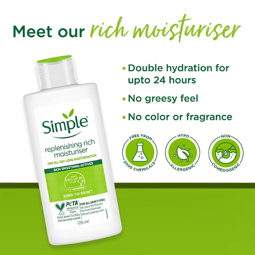 Simple Kind To Skin Replenishing Rich Moisturiser 125 ml | For All Day-Long Moisturisation with Pro-Vitamin B5 & Glycerin | For Normal to Dry Skin thumbnail