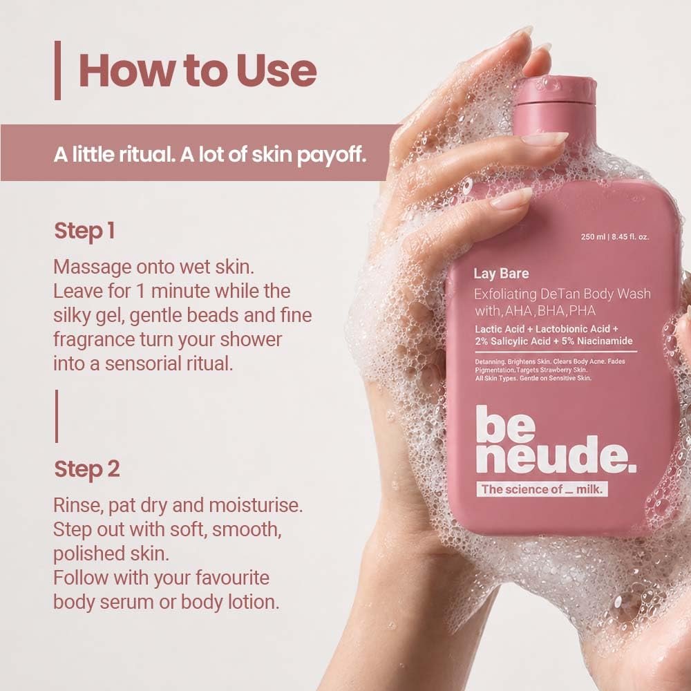 Be Neude Lay Bare Exfoliating DeTan Body Wash with AHA BHA PHA, 2% Salicylic Acid, 5% Niacinamide, Deep Cleansing and Brightening Body Wash for Glowing Skin, 250ml thumbnail