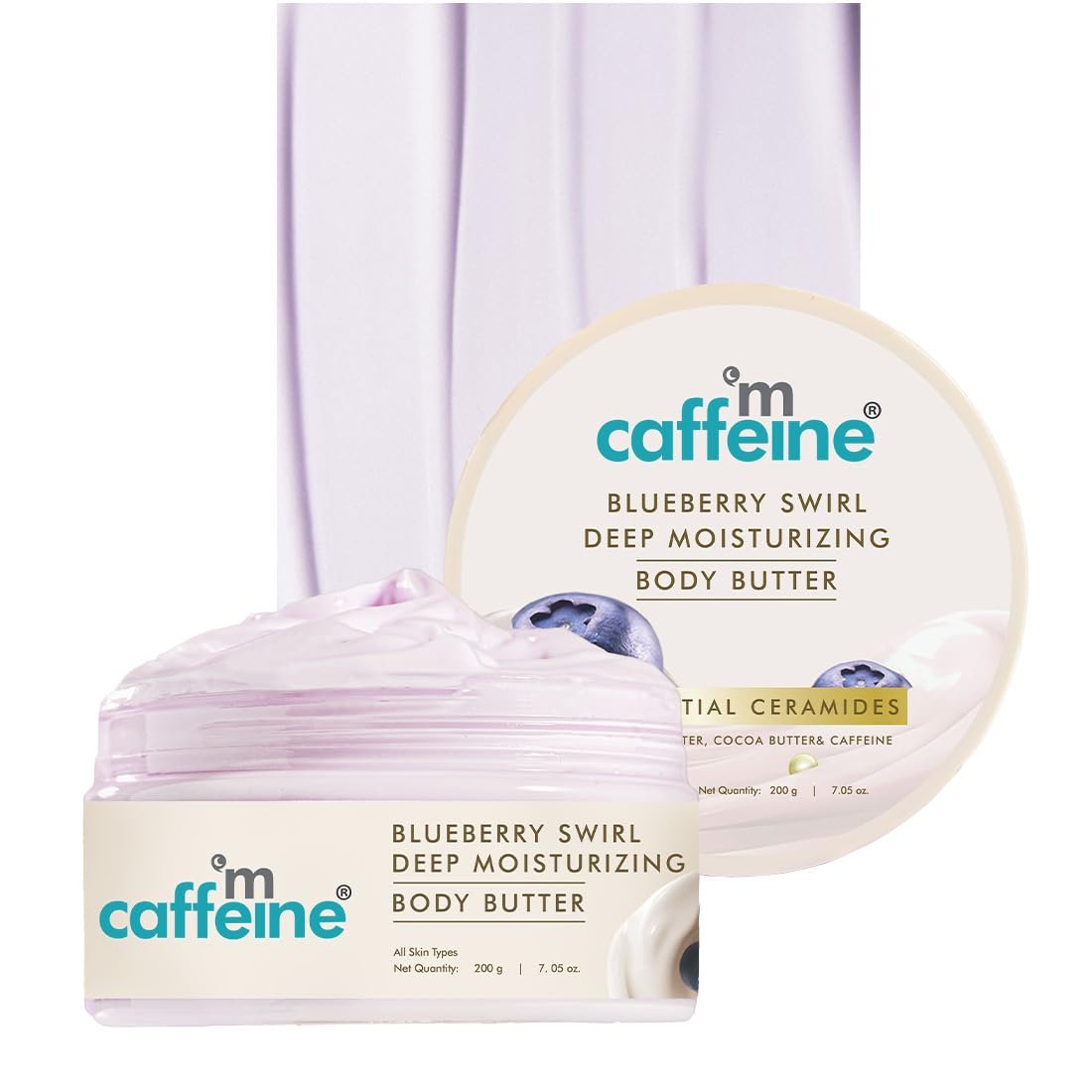 mCaffeine Blueberry Swirl Deep Moisturizing Body Butter | 5 Essential Ceramides for Skin Repair with Shea Butter & Cocoa Butter | 72Hrs Long Lasting Moisturization |  Body Butter 200g