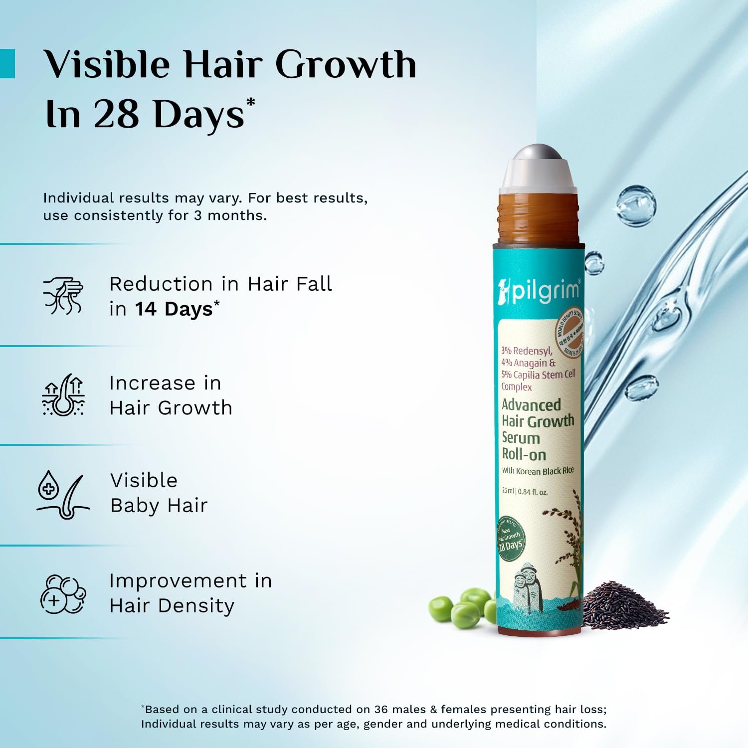 Pilgrim Advanced Hair Growth Serum Roll On with Redensyl & AnaGain - 25ml New Hair Growth in 28 Days, Korean Black Rice, Rosemary, Reduce Hair Fall, Hair Regrowth, Increase Hair Density, Thi thumbnail