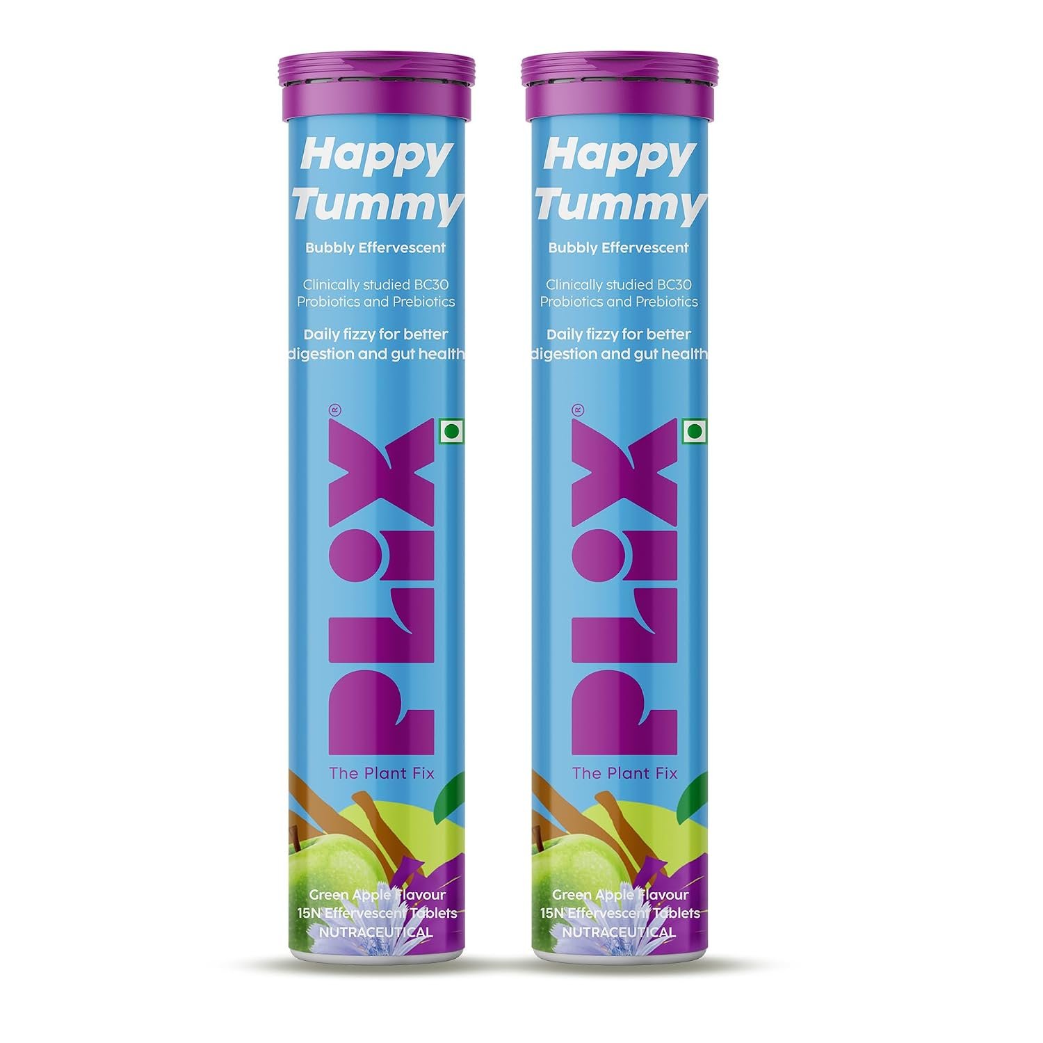PLIX - THE PLANT FIX Happy Tummy Pre+Probiotic 15 Effervescent Tablets For Good Gut,Digestion,Metabolism With 20 Billion Cfus,Vital Probiotic Strains,Pack Of 2 (Green Apple),2 Count,15 Capsu