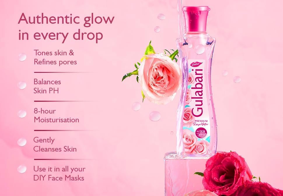 Dabur Gulabari Premium Rose Water/Face Toner - 400ml | No Paraben | Alcohol Free | Cleanses, Hydrates & Moisturises Skin | Balances & Restores Skin's pH Levels | For All Skin Types thumbnail