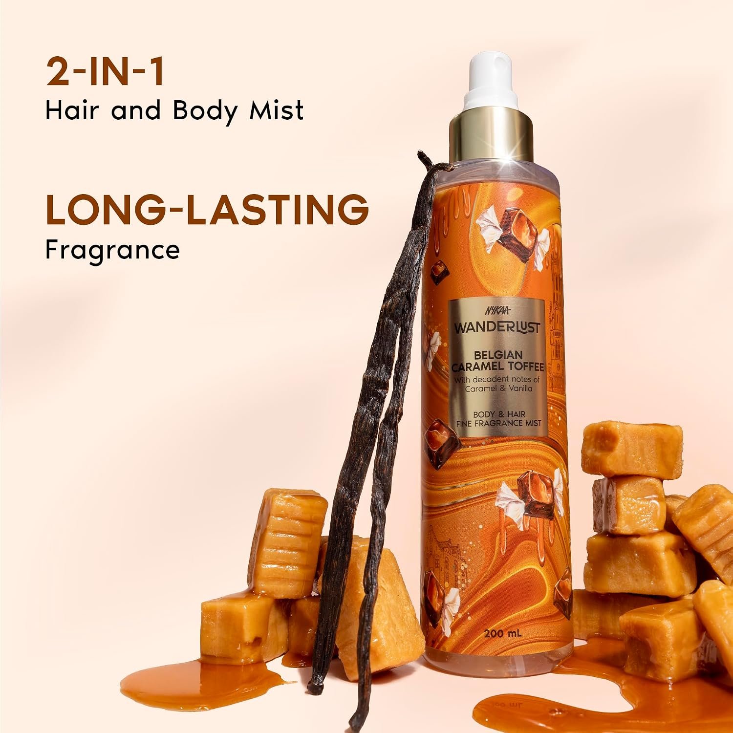 Nykaa Wanderlust Belgian Caramel Toffee Perfume Body & Hair Mist, Notes of Caramel & Vanilla, 8 Hrs Long-Lasting Everday Fragrance, 200 ml thumbnail
