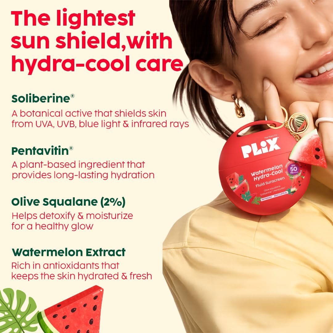 PLIX THE PLANT FIX Watermelon Hydra-Cool Fluid Sunscreen | In Vivo Tested SPF 50 PA++++ | Broad Spectrum Protection | Lightweight Hydration | No White Cast thumbnail