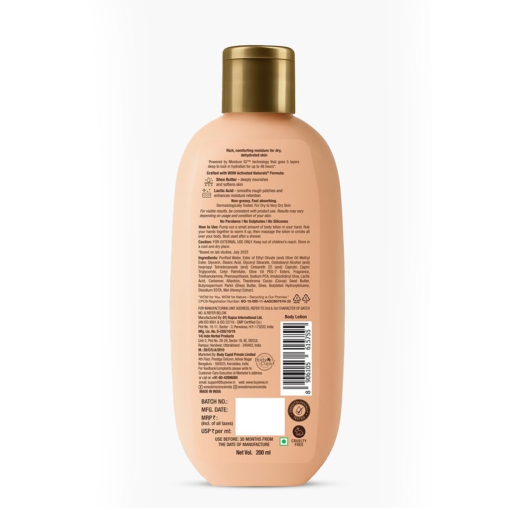 WOW Skin Science Shea Butter and Cocoa Butter Moisturizing Body Lotion - Deep Hydration - No Mineral Oil, Parabens, Silicones, Color & PG - 200mL thumbnail