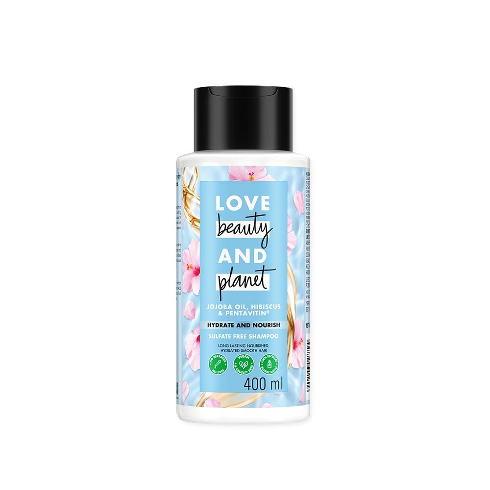 Love Beauty & Planet Jojoba Oil, Hibiscus & Pentavitin Hydrate & Nourish Shampoo | Sulfate-Free Hair Cleanser for Hydrated, Soft, Smooth & Healthy-Looking Hair | 400ml