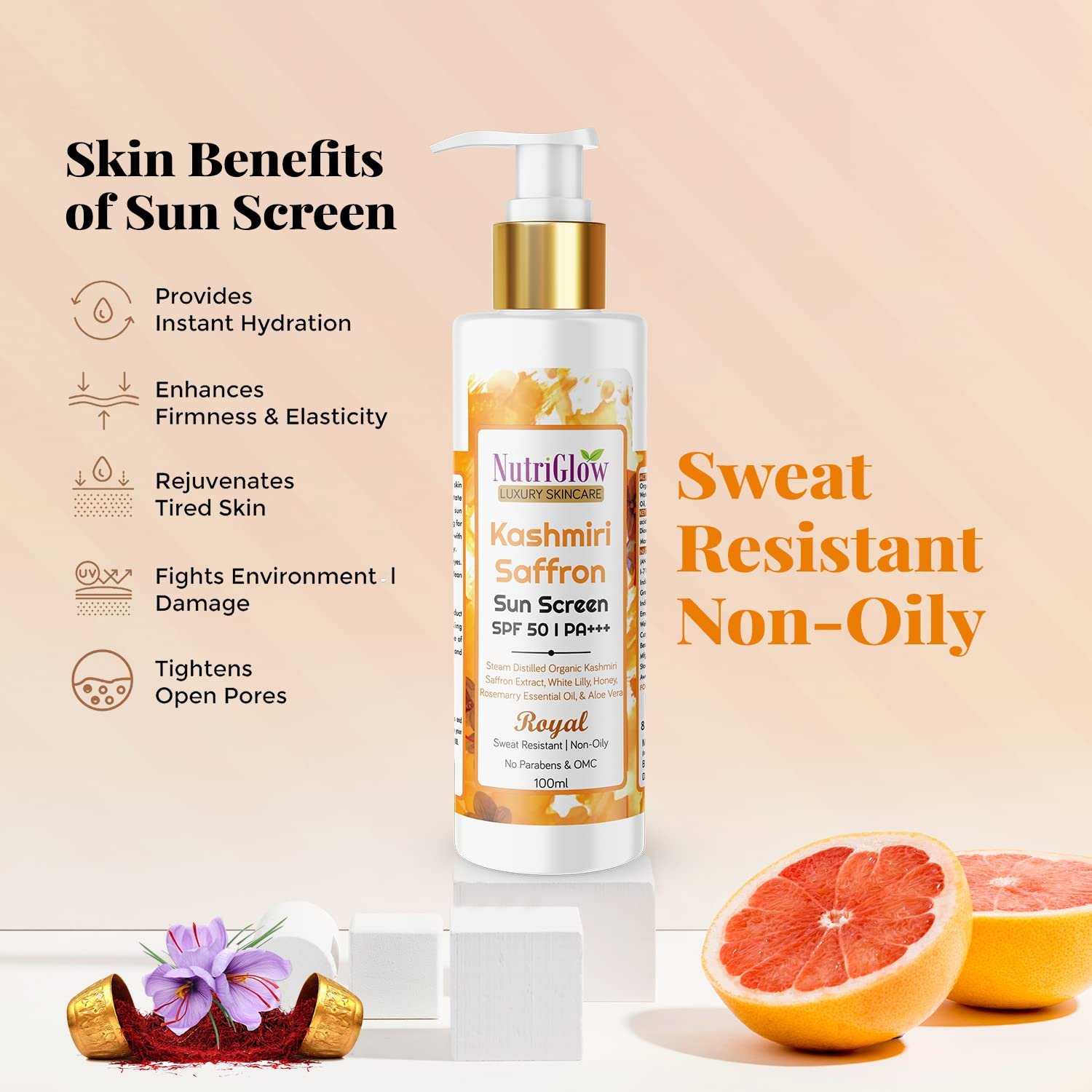 NutriGlow Kashmiri Saffron Sunscreen SPF50 PA+++ 100ml thumbnail