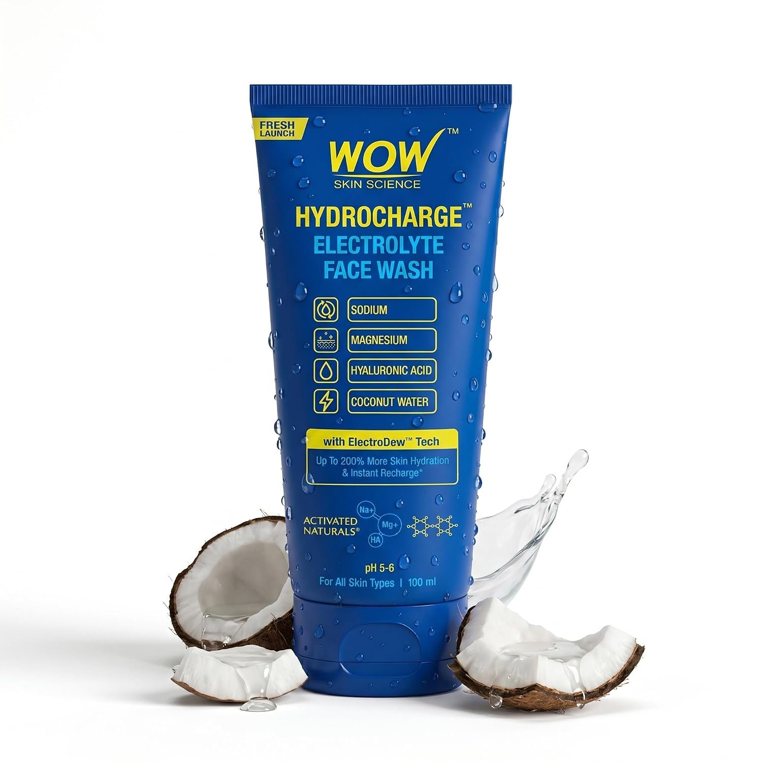 WOW Skin Science Hydrocharge™ Electrolyte Face Wash with ElectroDew™ Tech | India’s 1st Electrolyte Cleanser with Sodium, Magnesium, Hyaluronic Acid & Coconut Water | pH 5–6 | 100ml