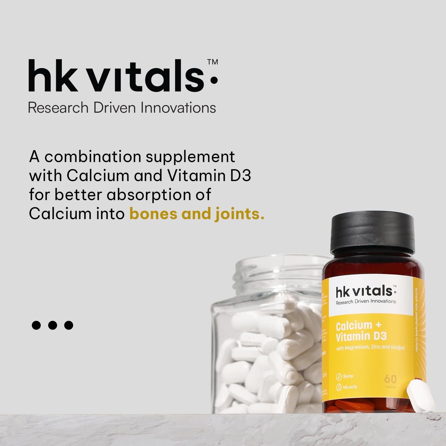 hk vitals Calcium + Vitamin D3 Supplement, 60 Tablets With Magnesium & Zinc | Supports Strong Bones & Joint Health thumbnail
