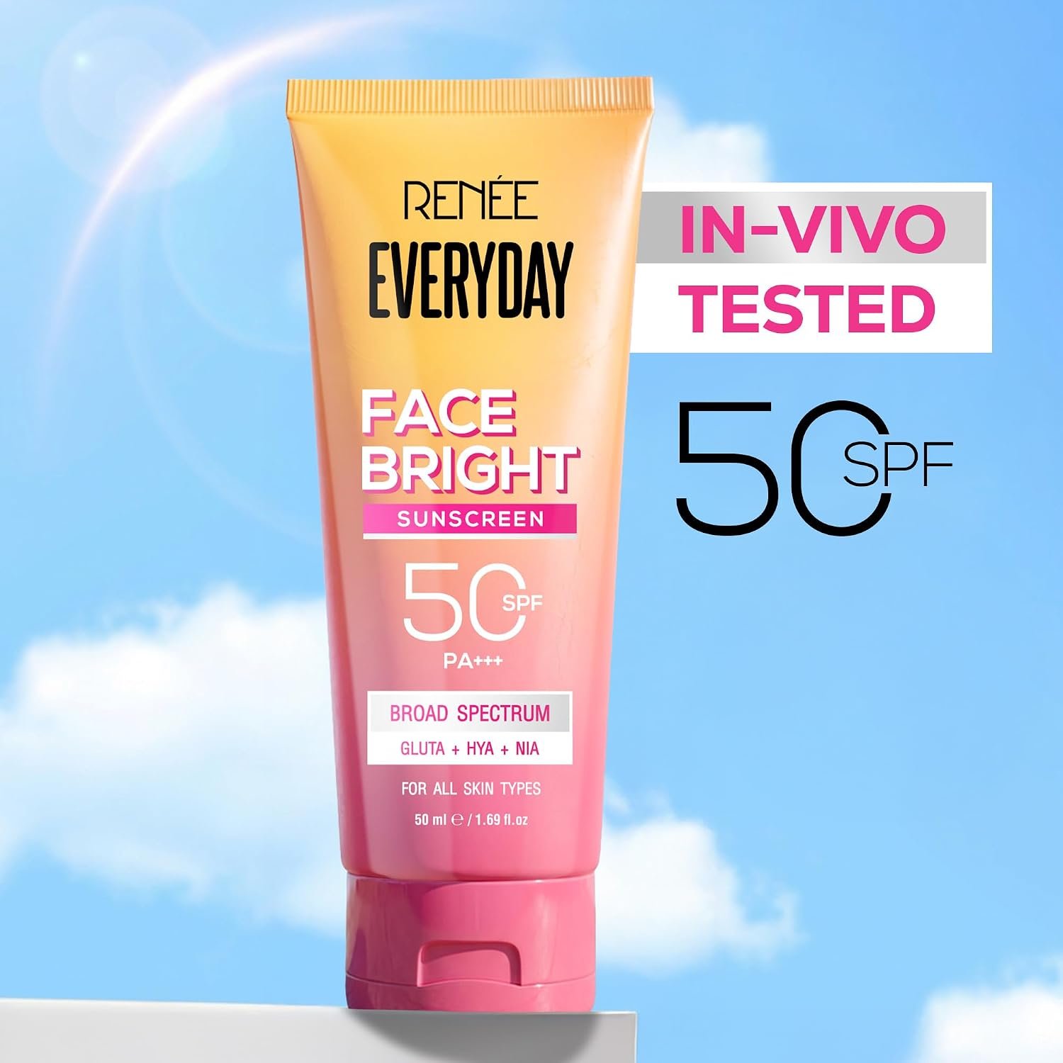 RENEE Everyday Face Bright Brightening Sunscreen SPF 50 PA+++ | In-Vivo Tested | With Niacinamide, Hyaluronic Acid & Glutathione | Broad Spectrum UVA & UVB Protection | 50ml thumbnail