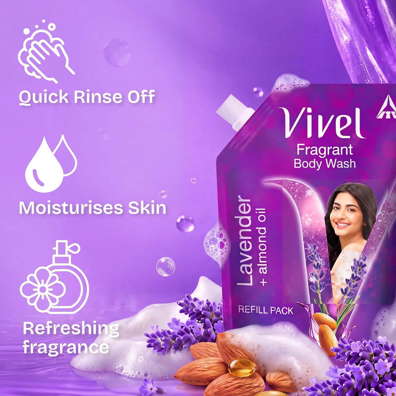 Vivel Lavender & Almond Oil Moisturizing Body Wash | Quick Wash-Off Formula for Soft, Smooth & Nourished-Looking Skin | Daily Body Cleanser | 350ml thumbnail