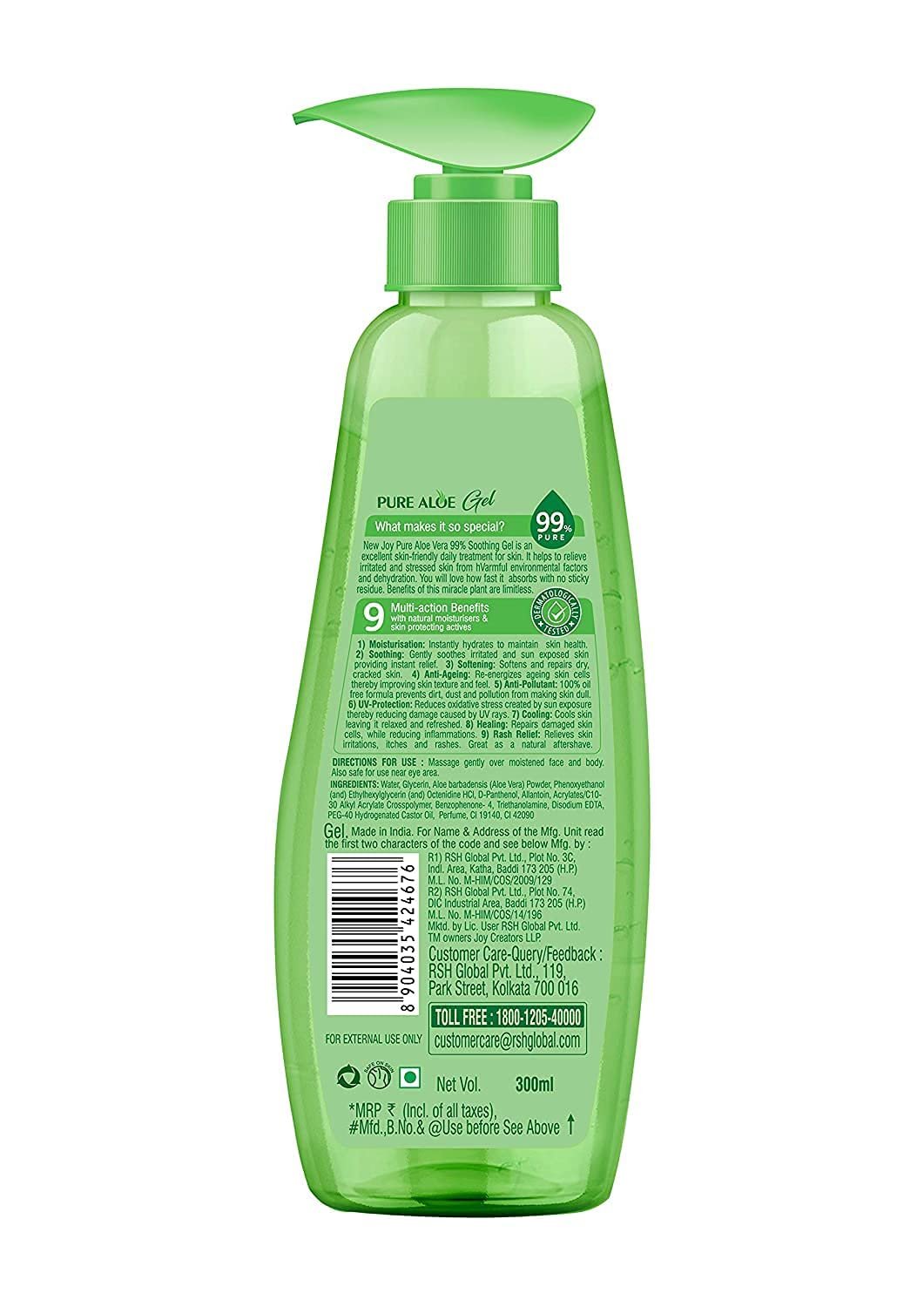 Joy Pure Aloe Vera Gel for Face & Body (300ml) with Natural Moisturisers & Pro Vitamin B5 | 99% Pure Aloe Gel for Hydrating Dry & Damaged Skin | Non Sticky & Quick Absorbing thumbnail