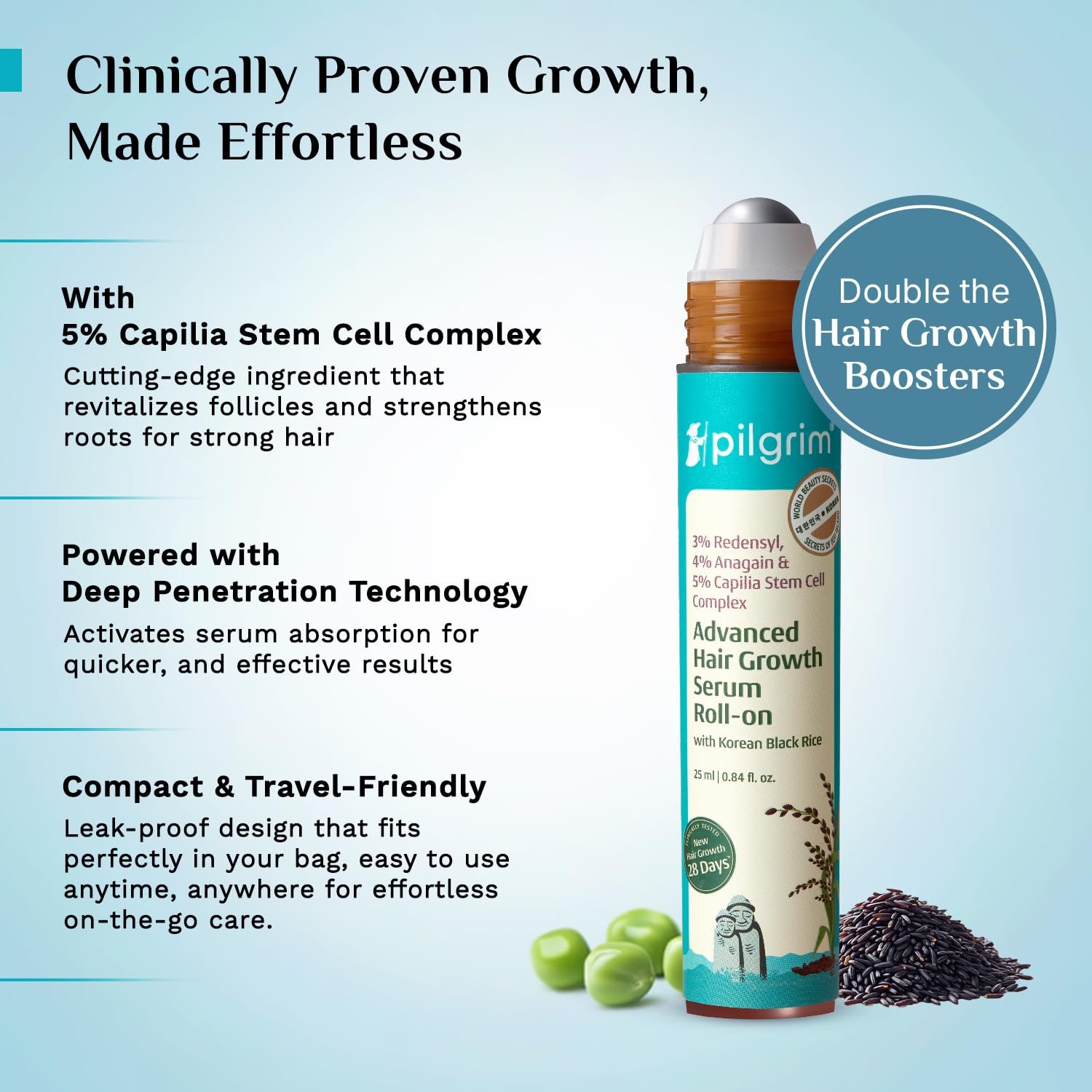 Pilgrim Advanced Hair Growth Serum Roll On with Redensyl & AnaGain - 25ml New Hair Growth in 28 Days, Korean Black Rice, Rosemary, Reduce Hair Fall, Hair Regrowth, Increase Hair Density, Thi thumbnail