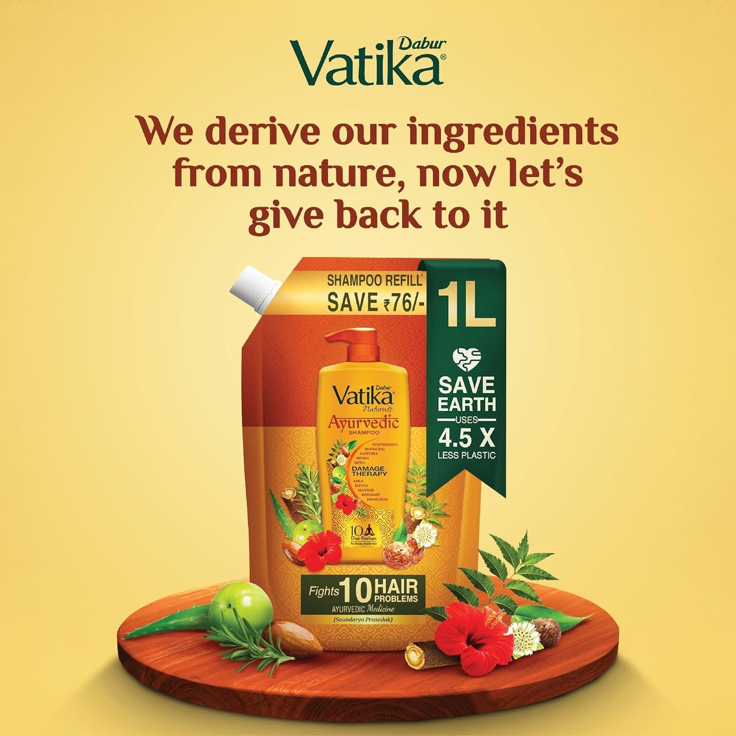Dabur Vatika Ayurvedic Shampoo Refill Pouch - 1 L | Damage Therapy | Power of 10 Ingredients for Solving 10 Hair Problems | No Parabens | For All Hair Types thumbnail
