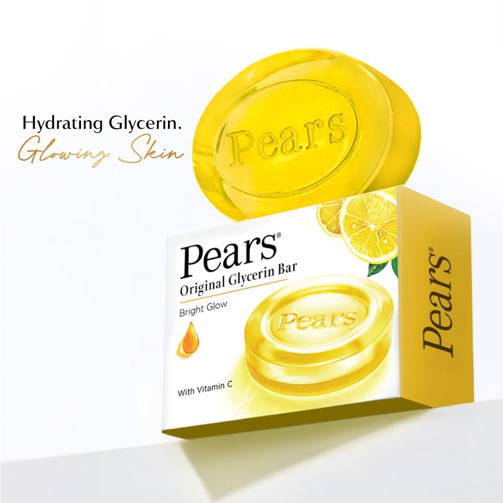 Pears Original Glycerin Soap Bar - Bright Glow | With 98% Pure Glycerin & Vitamin C | With Plant Based Cleanser for Skin & Body | Paraben-free | 125gms x 4 thumbnail