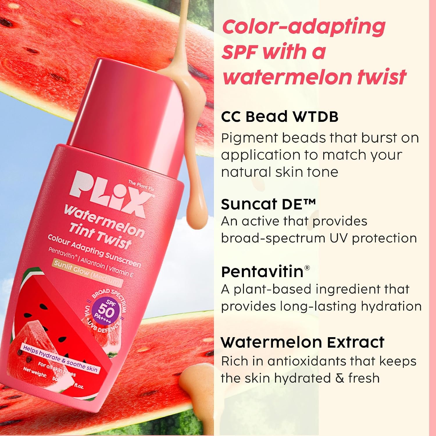 PLIX - THE PLANT FIX Watermelon Tint Twist Color-Adapting Sunscreen | For light coverage & instant glow | SPF 50 PA++++ Medium Sunlit Glow thumbnail