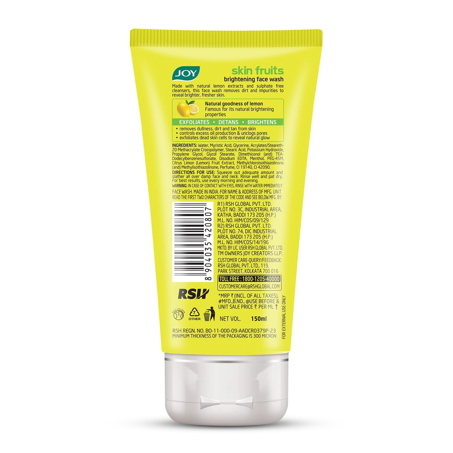 Joy Skin Fruits Lemon Brightening Face Wash 150ml | with Vitamin C for Glowing Skin | Reduces Dark Spots, Removes Excess Oil & Dirt | For Normal to Oily Skin thumbnail