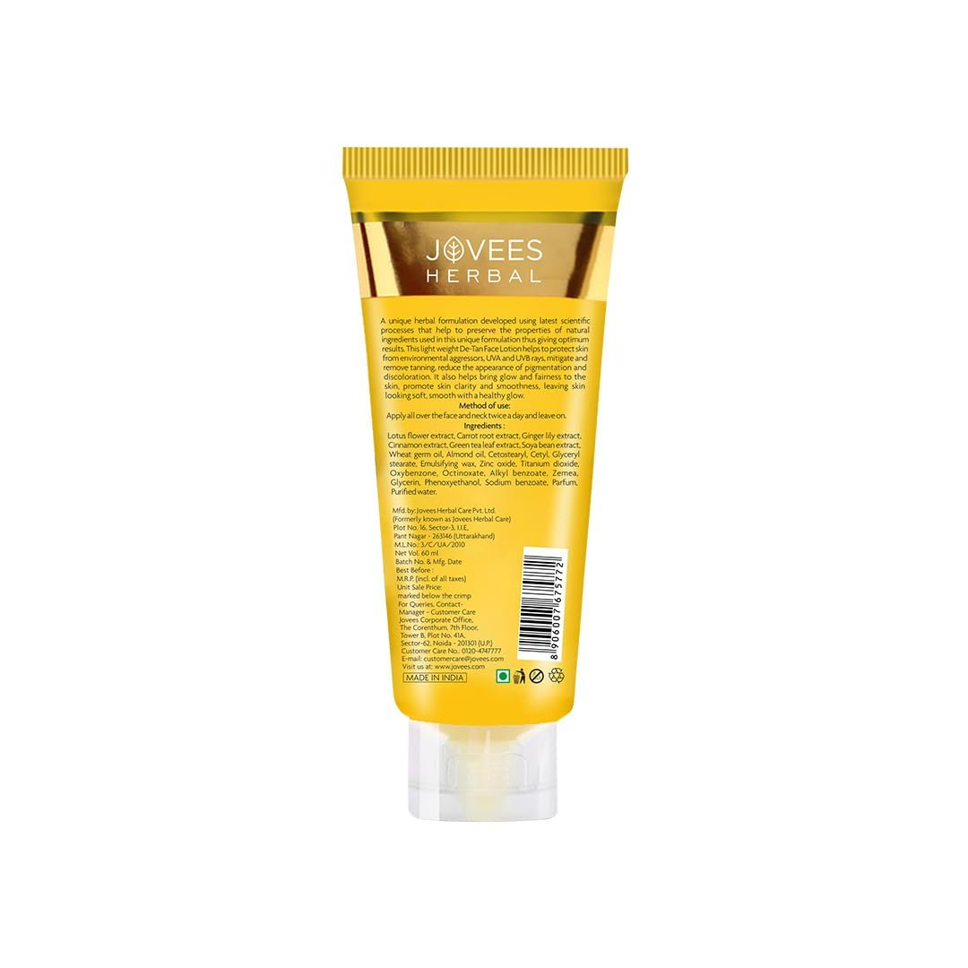 Jovees Herbal De-Tan Lotion SPF 40 PA++ For Hydrated and Glowing skin | Lightweight UVA/UVB Protection | Prevents Tanning and Pigmentation | All Skin Type 60ml thumbnail