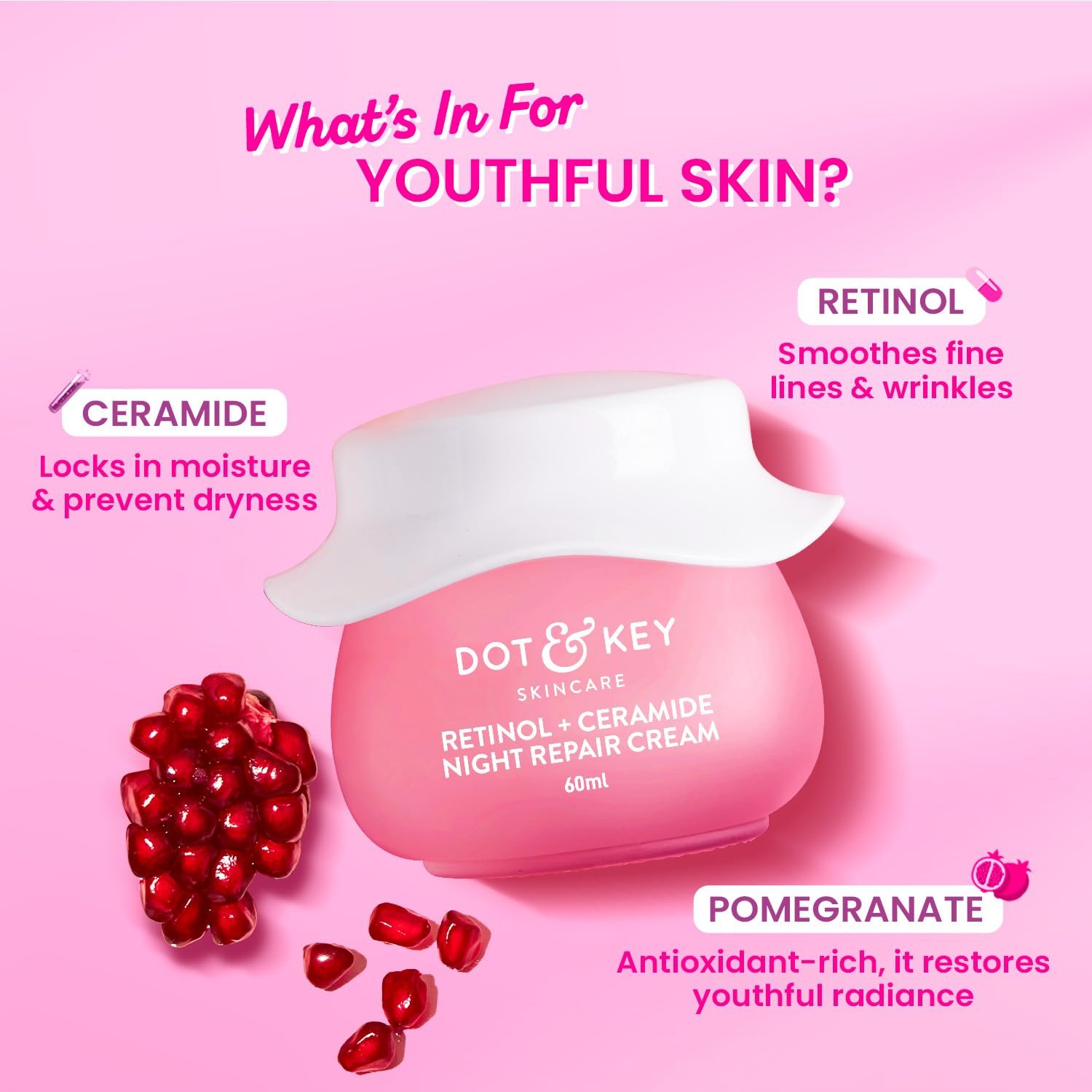 Dot & Key Night Reset Retinol + Ceramide Night Cream | Anti Aging Cream For Women & Men | Reduces Fine Lines & Wrinkles | Oil Free & Non Sticky Moisturizer 60ml thumbnail