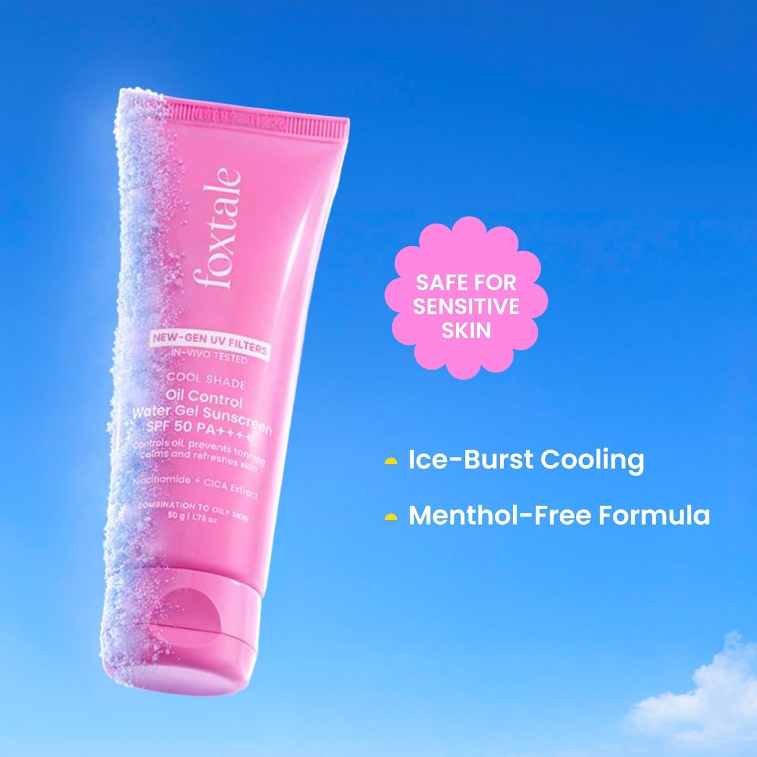 Foxtale Gel Sunscreen for Oily Skin, SPF 50 PA++++, In-Vivo Tested, 50ml No White Cast, Matte Finish, Lightweight, Non Comedogenic, Cica, Niacinamide, Men, Women, Prevent Tan, Water-Based Te thumbnail