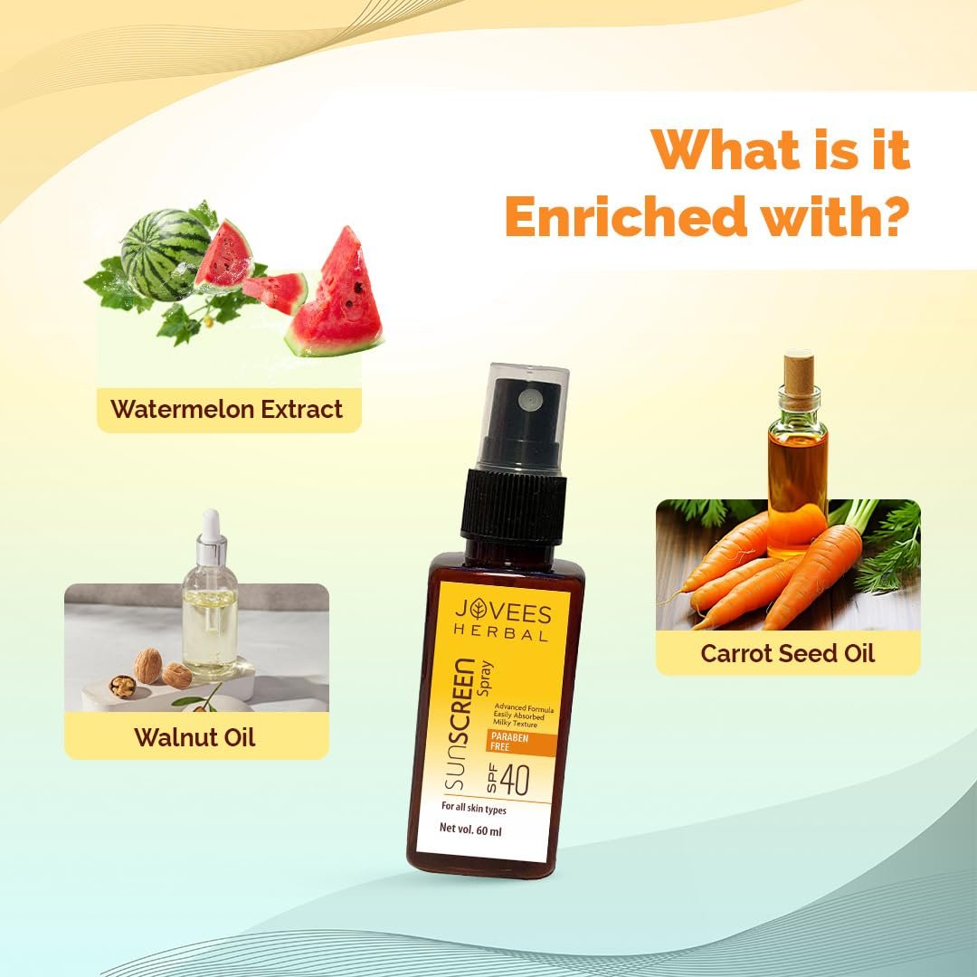 Jovees Herbal Sun Screen Spray SPF 40 With Watermelon & Walnut Oil | Sunscreen For Men/Womens | Protects From UVA/UVB rays | Lightweight, Non-greasy formula | 60ML thumbnail