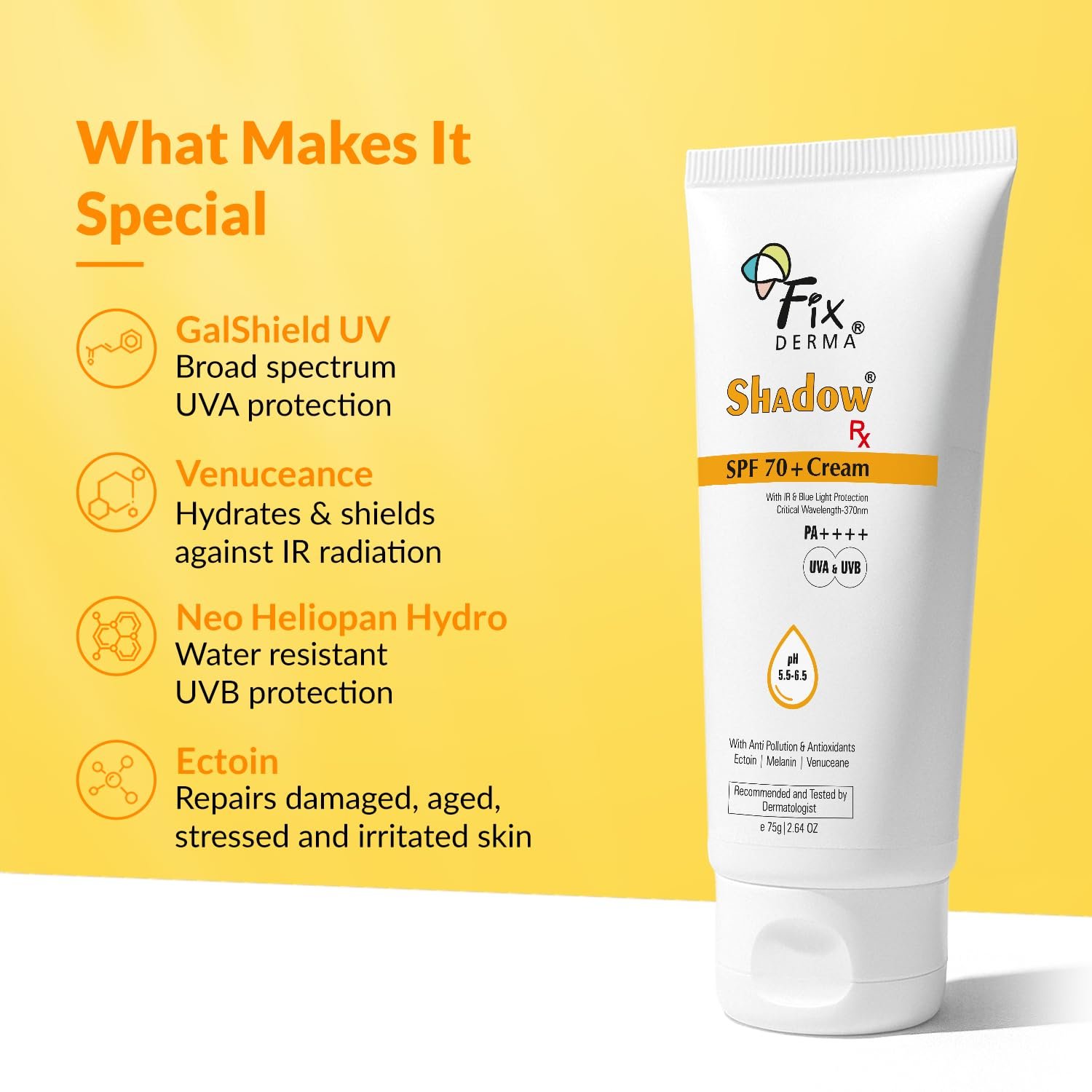 Fixderma Shadow Sunscreen SPF 70+ Cream PA++++ | Sunscreen for Dry Skin | Sunblock SPF 70 | Hybrid with UVA & UVB Filters, Antioxidants, IR Protection and Blue Light Protection - 75gm thumbnail