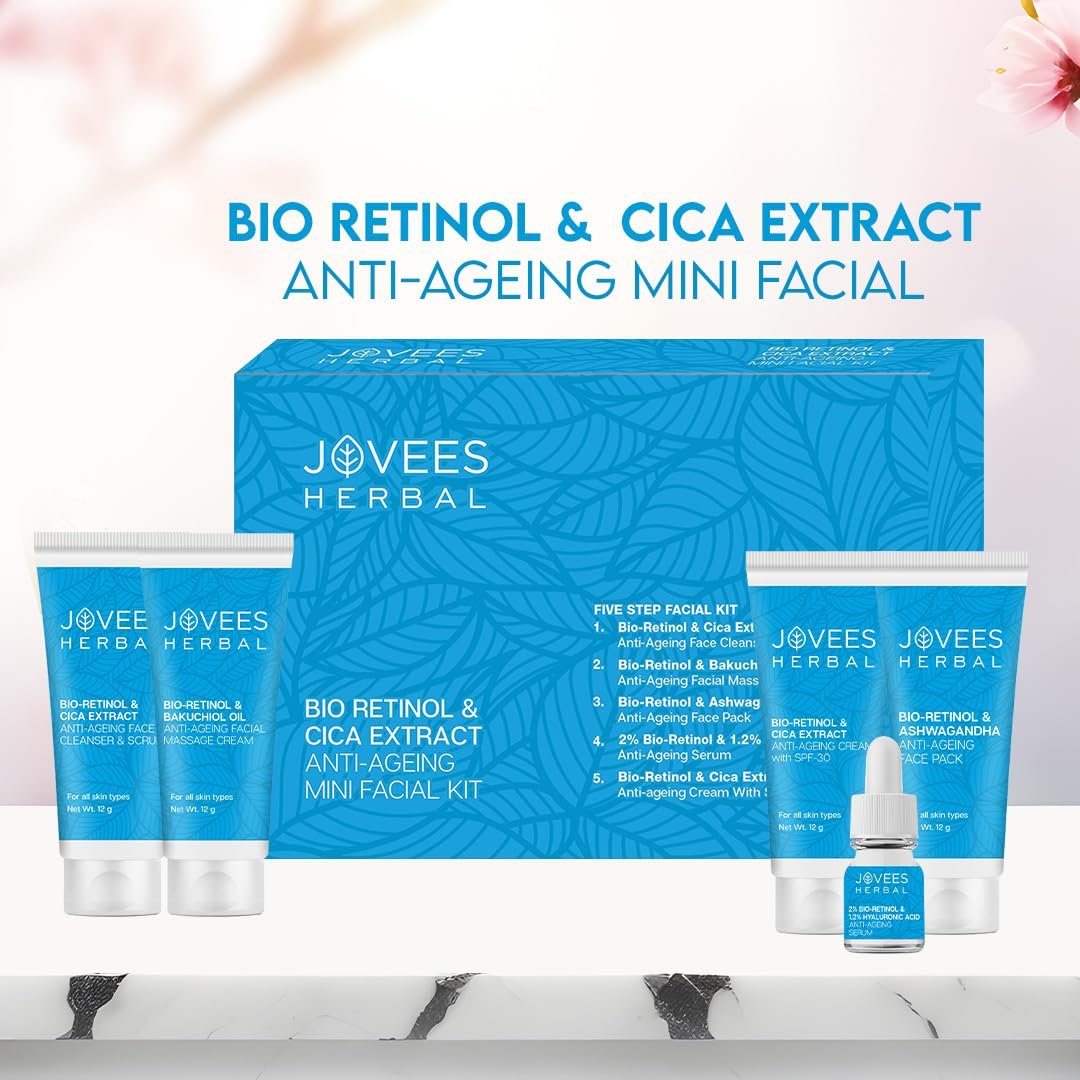 Jovees Herbal Bio-Retinol & Cica Ext. Facial Kit For Anti- Ageing | nti Ageing Mini Facial Kit For Ageing, Wrinkles, Fine Lines & Dark Spots With Bakuchiol Oil with 5 Easy Steps | Mini thumbnail