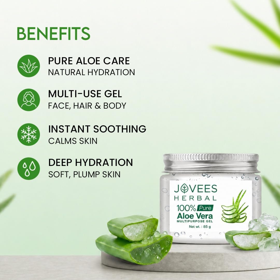 Jovees Herbal 100% Pure Aloe Vera Multipurpose Gel For Face, Skin & Hair | Aloe Vera Gel For Hydrates, Moisturized & Even Tone Skin | Suitable For Men & Women- 85g thumbnail