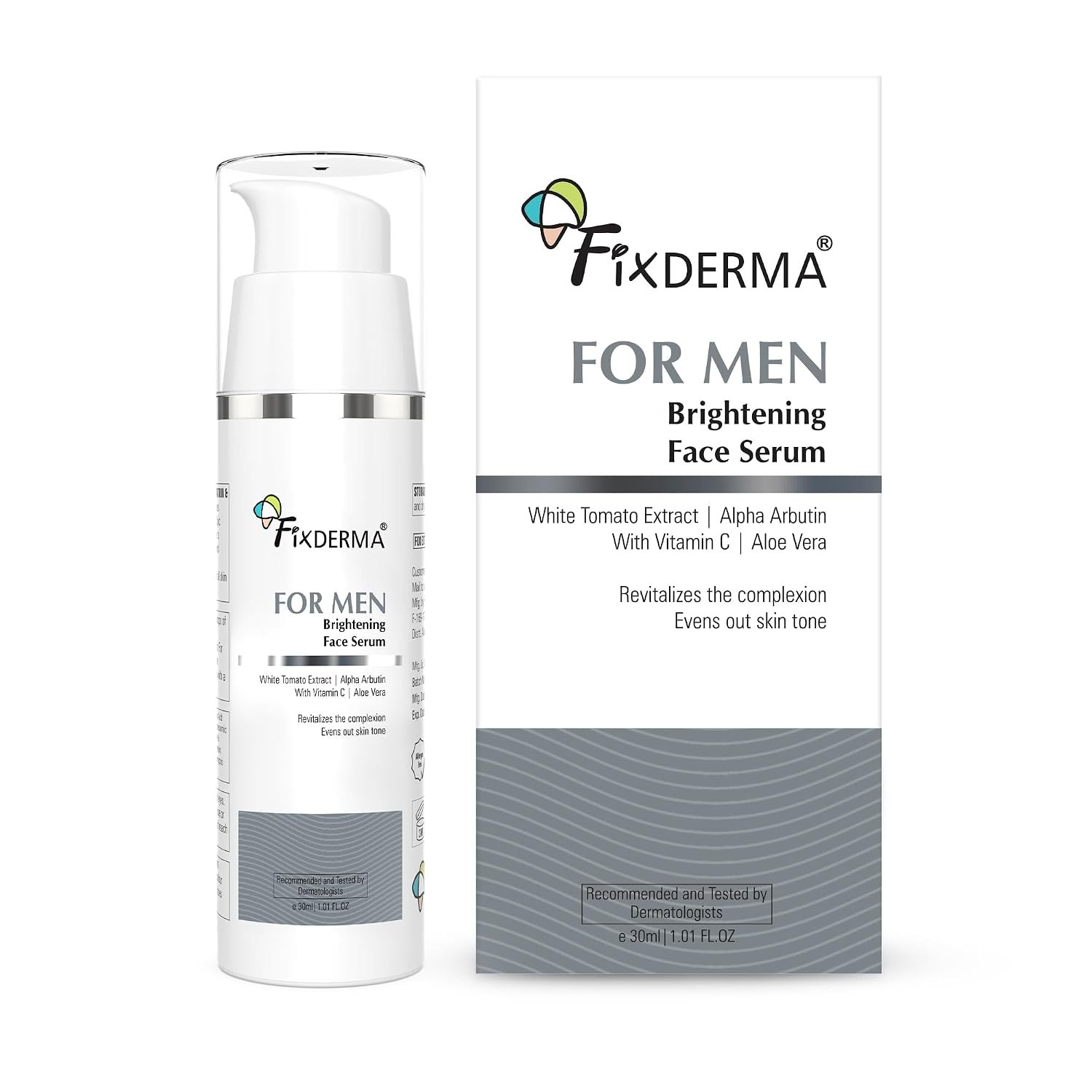 Fixderma Brightening Face Serum for Men with Vitamin C & Alpha Arbutin | Brightening Serum for Dark Spots, Uneven Tone & Dull-Looking Skin | 30ml