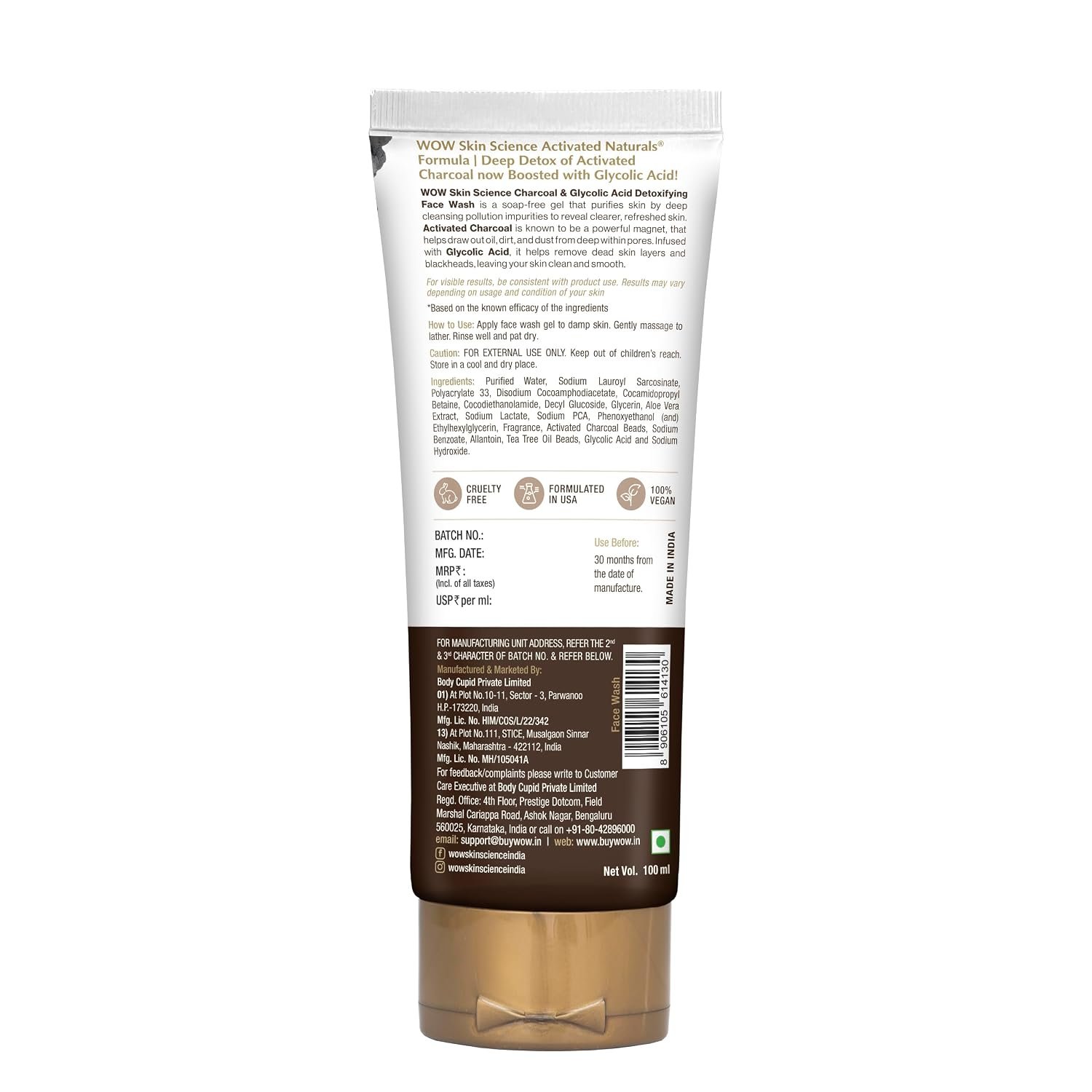 WOW Skin Science Wow Activated Charcoal Infused With Activated Charcoal Beads No Parabens & Sulphate Face Wash (100Ml) thumbnail