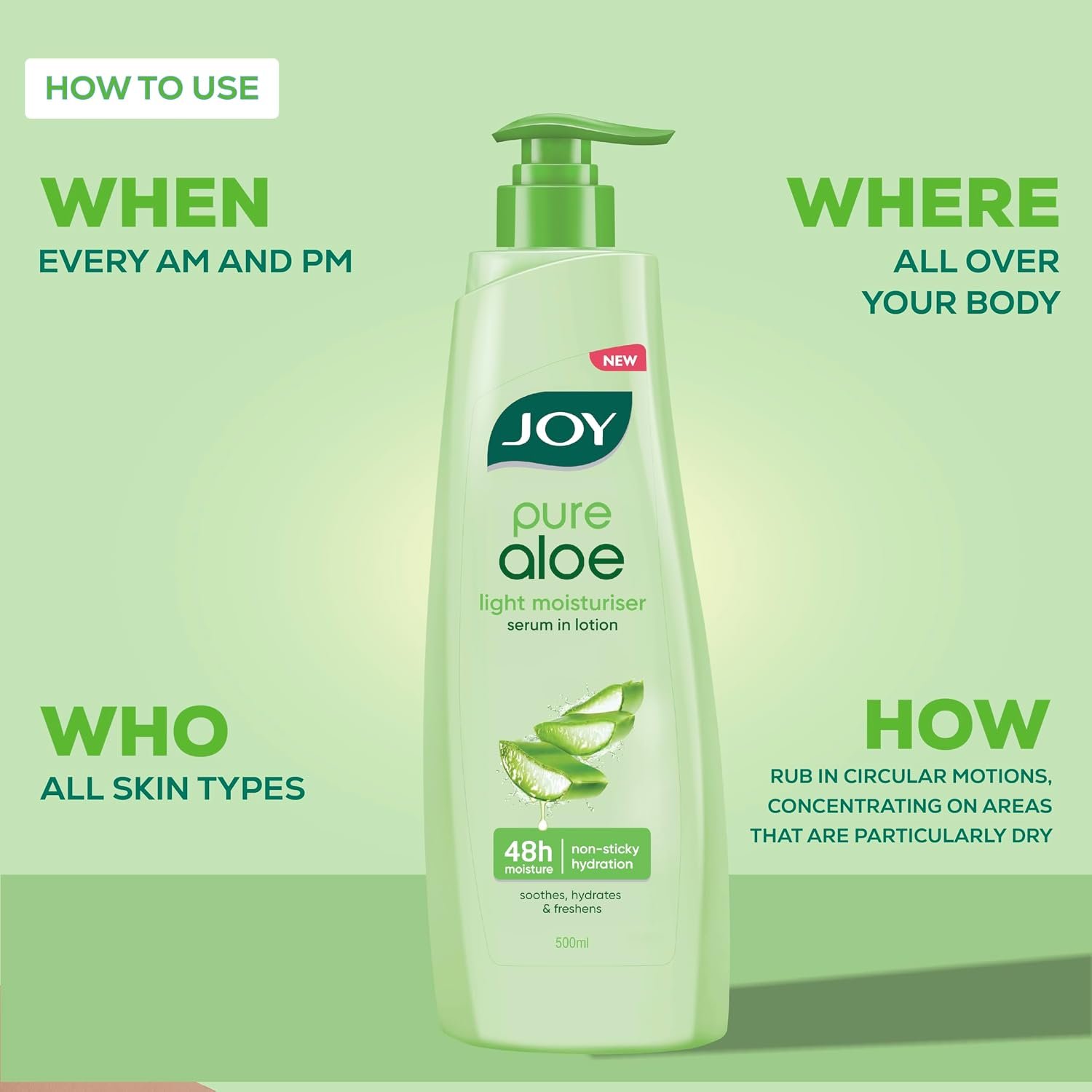 Joy Pure Aloe Light Moisturizing Body Lotion 500ml | 48Hr Moisture for Men & Women | Soothes, Hydrates & Freshens Dry Skin | Ideal for Winter | Lightweight, NonSticky & Non-Greasy | thumbnail