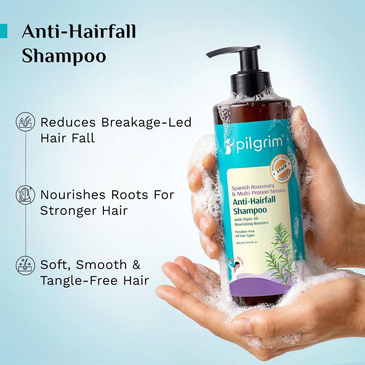 Pilgrim Rosemary Anti-Hairfall Shampoo with Multi-Protein Serum - 400ml Triple Oil Nourishing Boosters to Reduce Dryness, Breakage-Led Hair Fall, Strengthens Weak Hair, Controls Frizz, Adds thumbnail